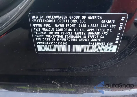 2013 Volkswagen Passat 2.0L Tdi Sel Premium из США, поврежденный, VIN 1VWCN7A32DC137667